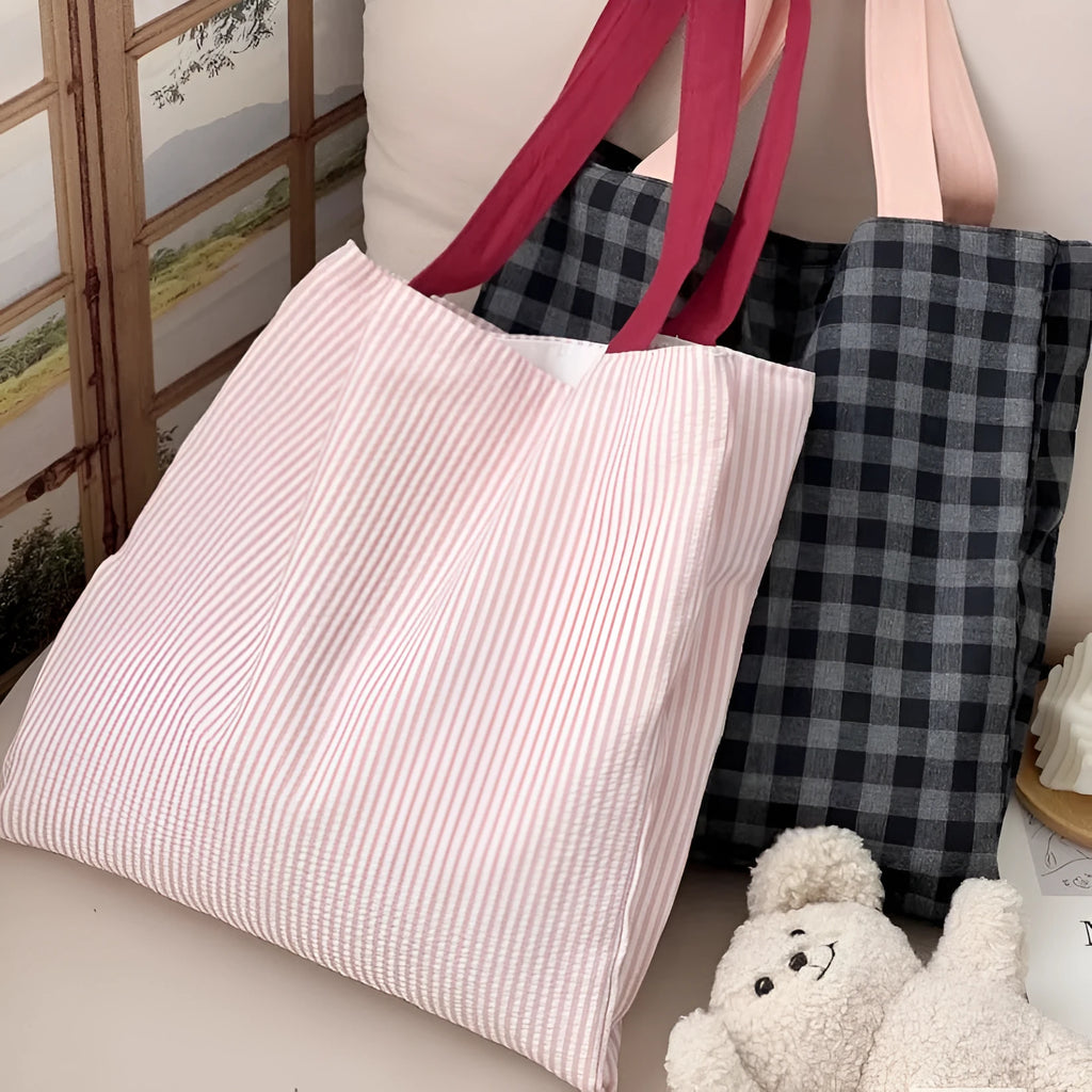 Canvas multi-layer tote shoulder bag showing light pink stripes pattern with 24cm shoulder strap