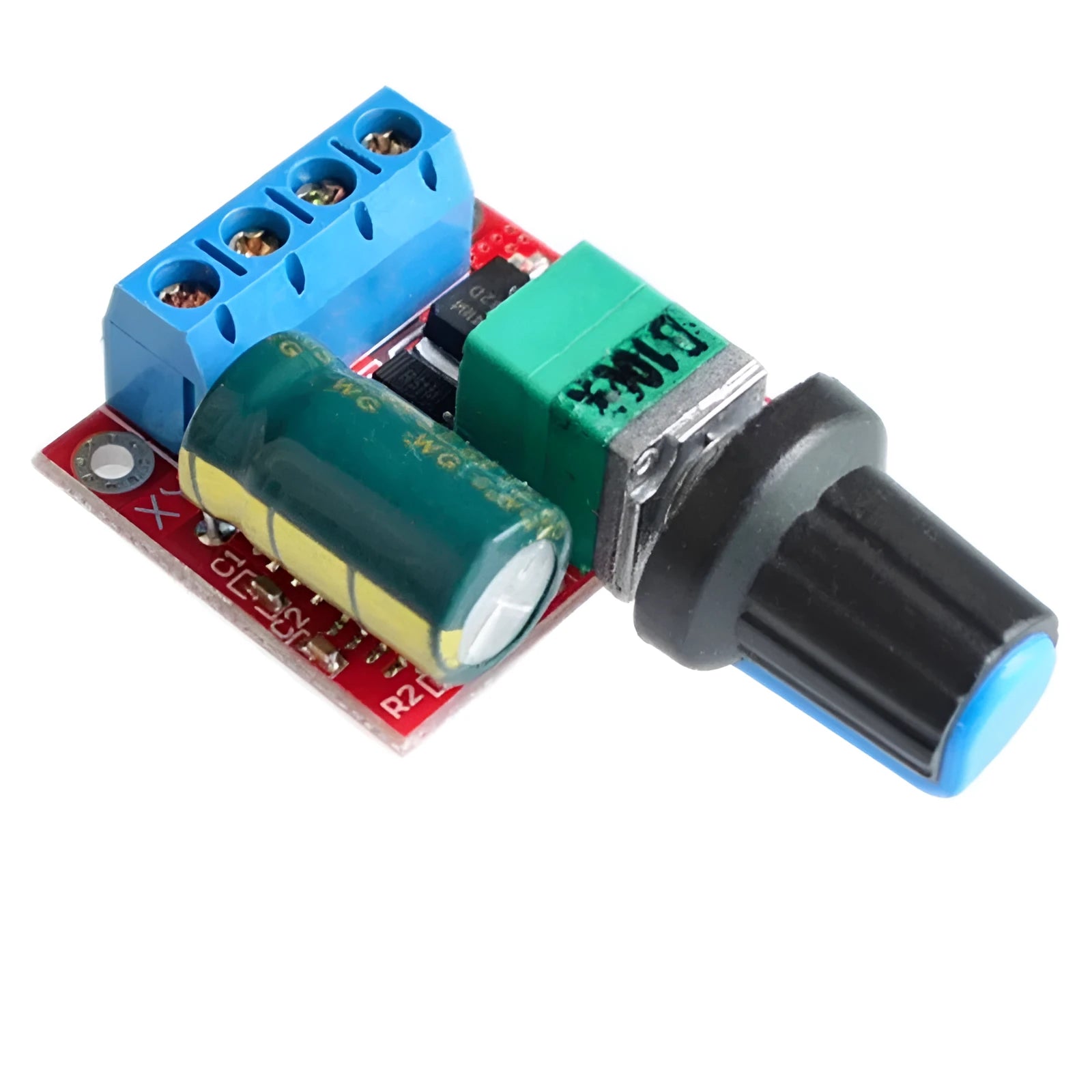 Compact PWM DC motor governor with potentiometer knob for 4.5V-35V speed control