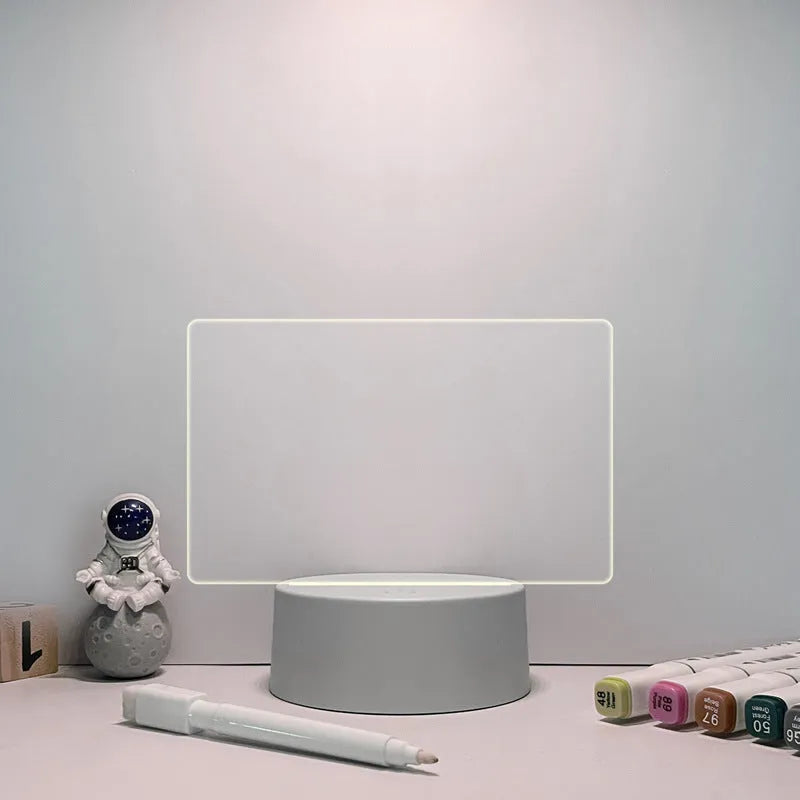 USB-powered message board night lamp showing four acrylic frame sizes on stable ABS base