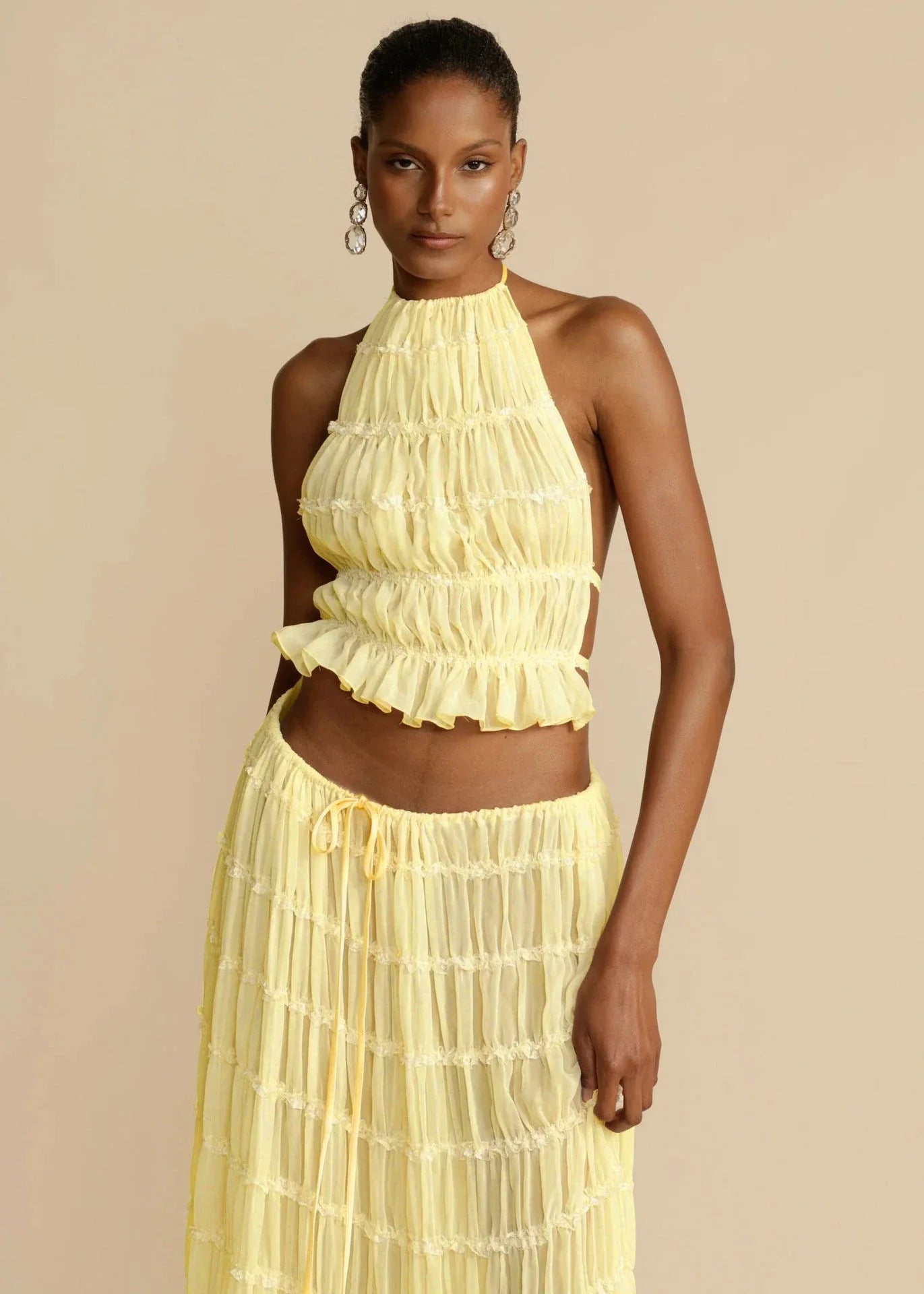 Sleeveless backless cropped halter top and pleated maxi dress set in various colors