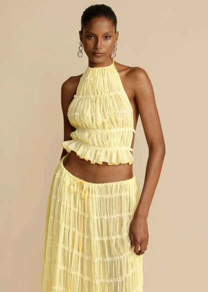 Sleeveless backless cropped halter top and pleated maxi dress set in various colors