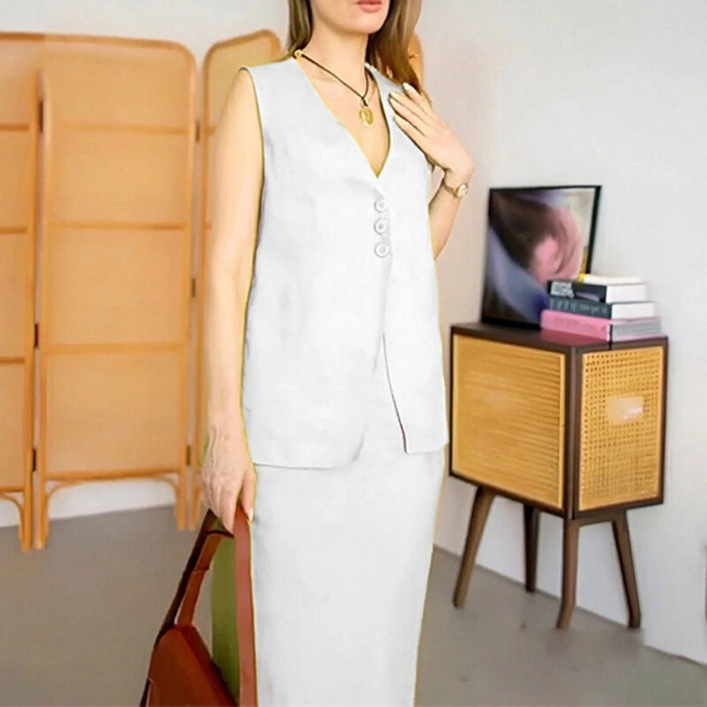Women's casual two-piece set with sleeveless vest and long skirt in white, blue or yellow