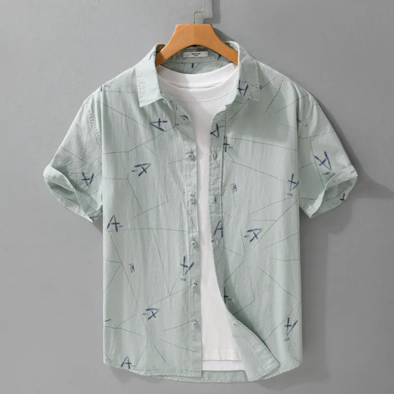 Men's pure cotton short sleeve shirt with letter print in loose cardigan style