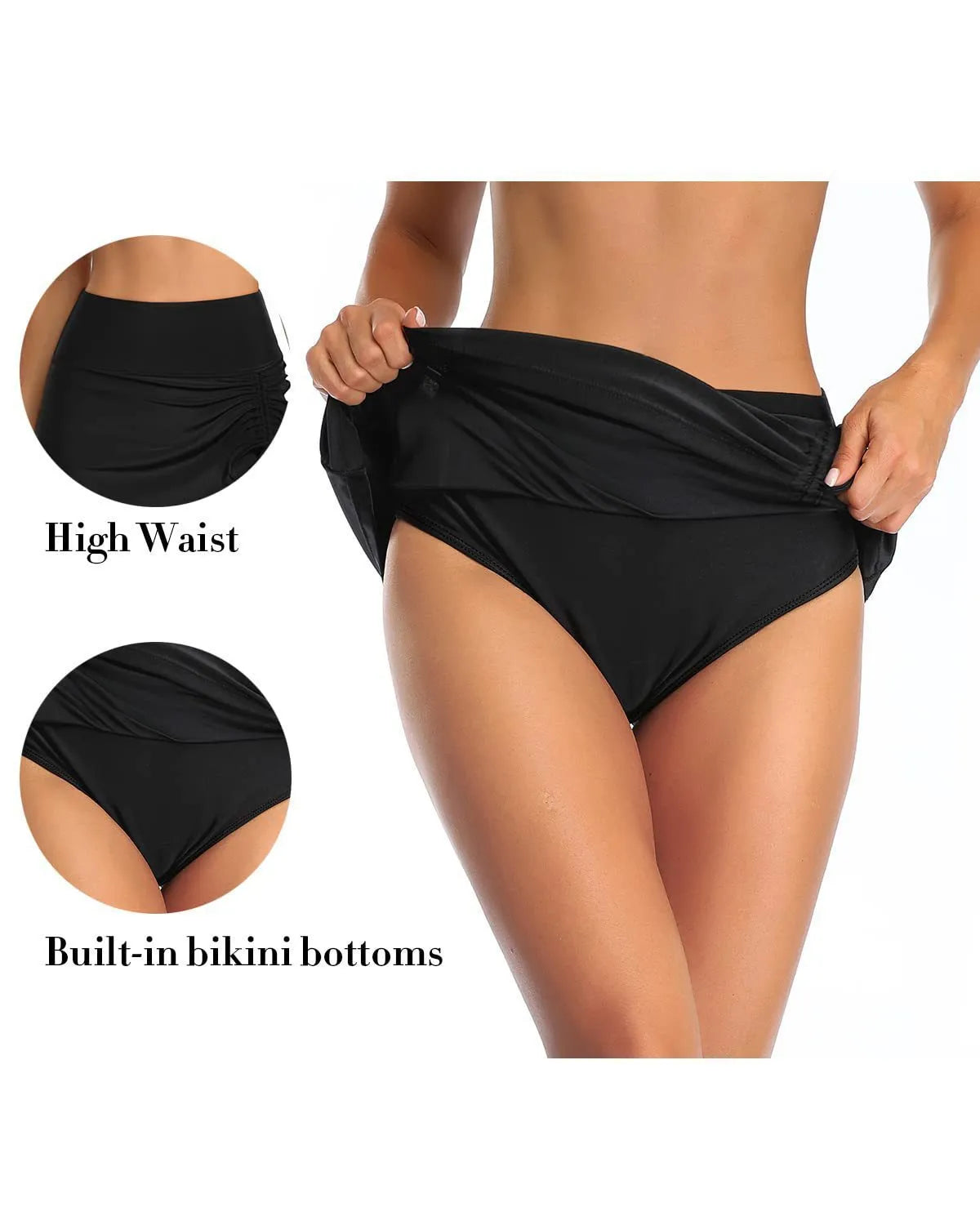 Women's solid colour swimming trunks with lace detail on polyester fabric.