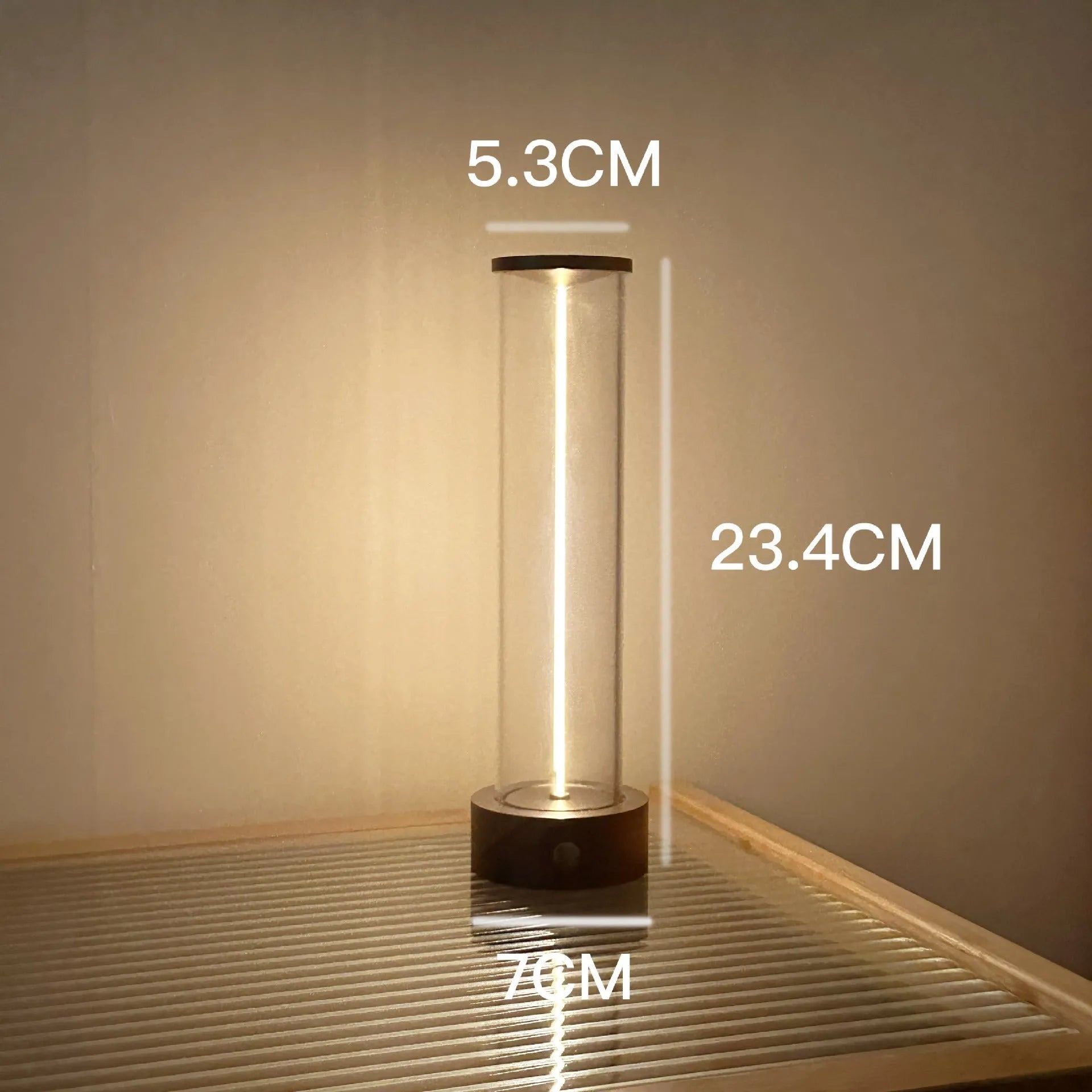 White modern glass USB LED light strip with magnetic base, dimensions 53mm by 234mm