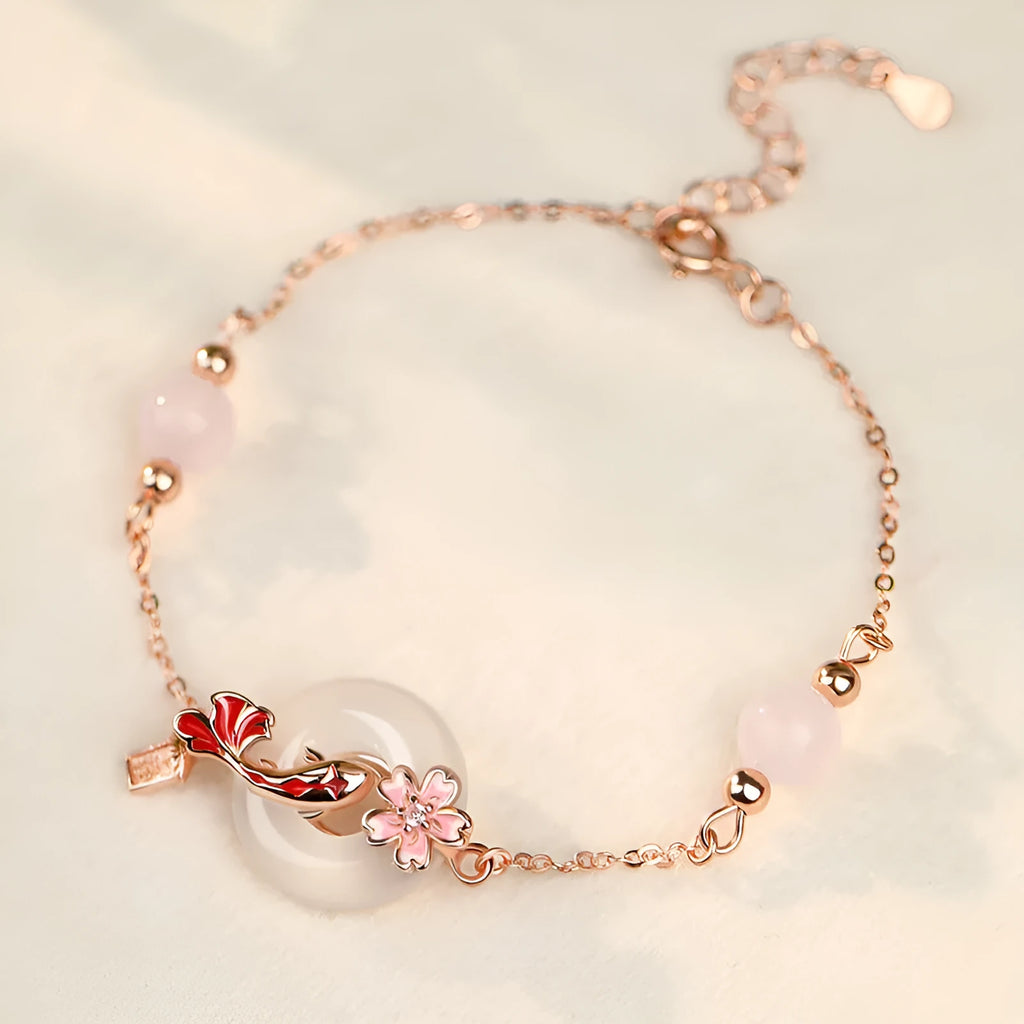 S925 sterling silver bracelet with white chalcedony crystal flower and koi charm