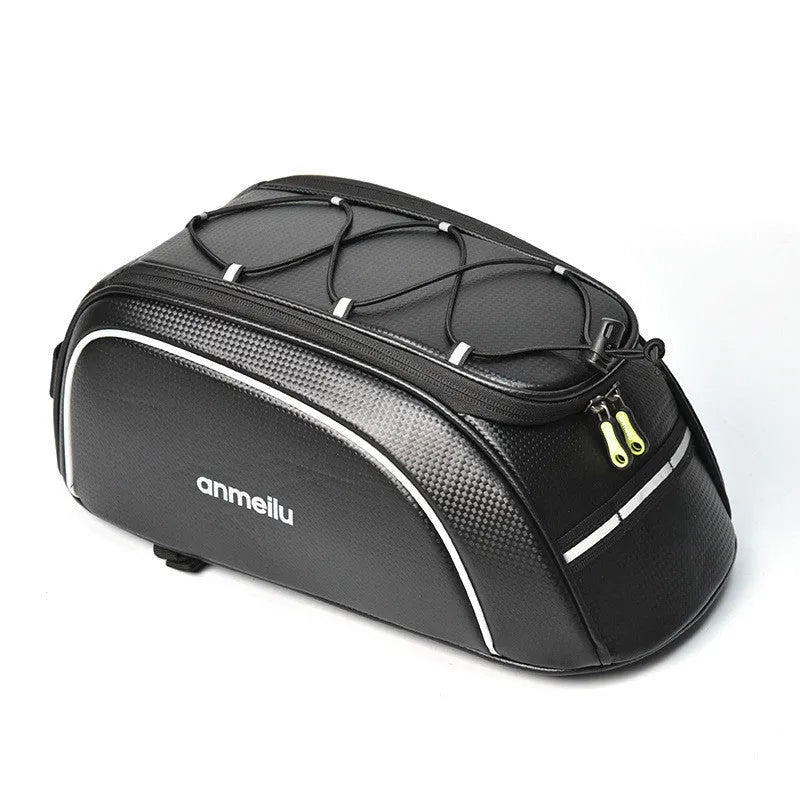 Waterproof black PU leather bicycle pannier bag mounted on a bike rear rack.