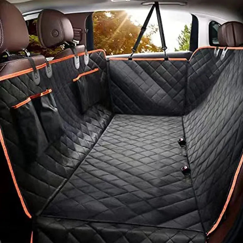 Oxford cloth car pet mat in orange edge double pocket design placed on rear seat
