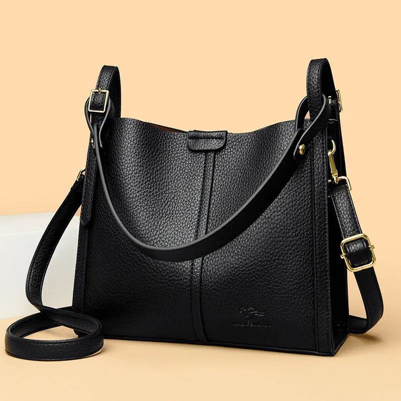 Brown PU women's shoulder bag with single strap and multiple interior compartments