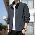 Men's black stand collar casual sports coat with straight hem and long sleeves on a hanger.