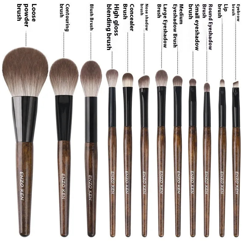 12-piece makeup brush set with wooden handles in a PU storage bag