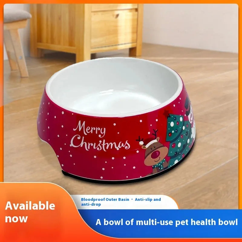 Red Christmas pet bowl with stainless steel inner layer and melamine exterior in three size options