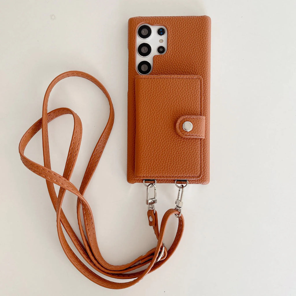 S23 Ultra lychee pattern crossbody phone case with card slots in black, left and right open PC leather cover