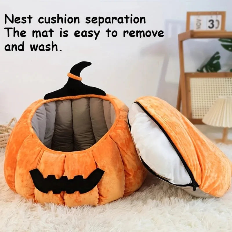 Halloween pumpkin design plush cat bed for cats and small dogs in orange colour.