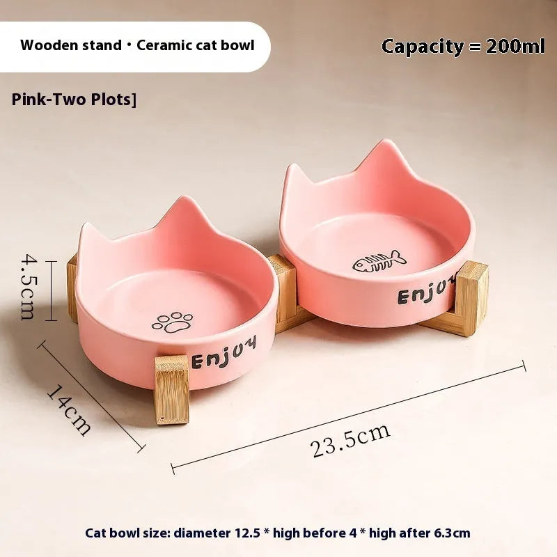 Porcelain cat bowl with cat ears rim and wooden anti-tumble frame in selected colour