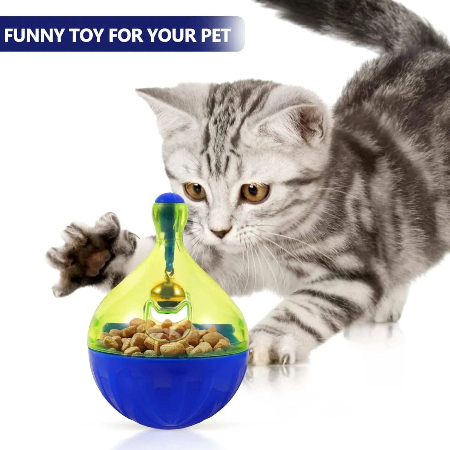 Blue and white tumbler-shaped plastic pet treat dispenser ball on a wooden floor.