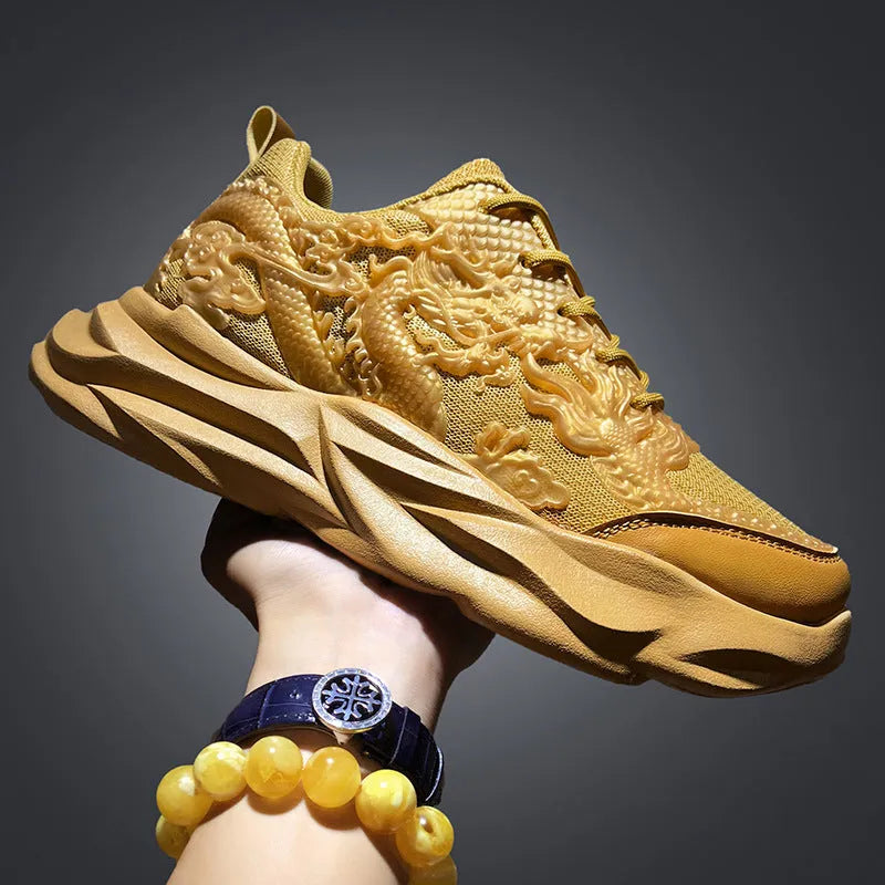 Fly knit casual sneakers in Chinese dragon colourway with micro fibre uppers and rubber soles