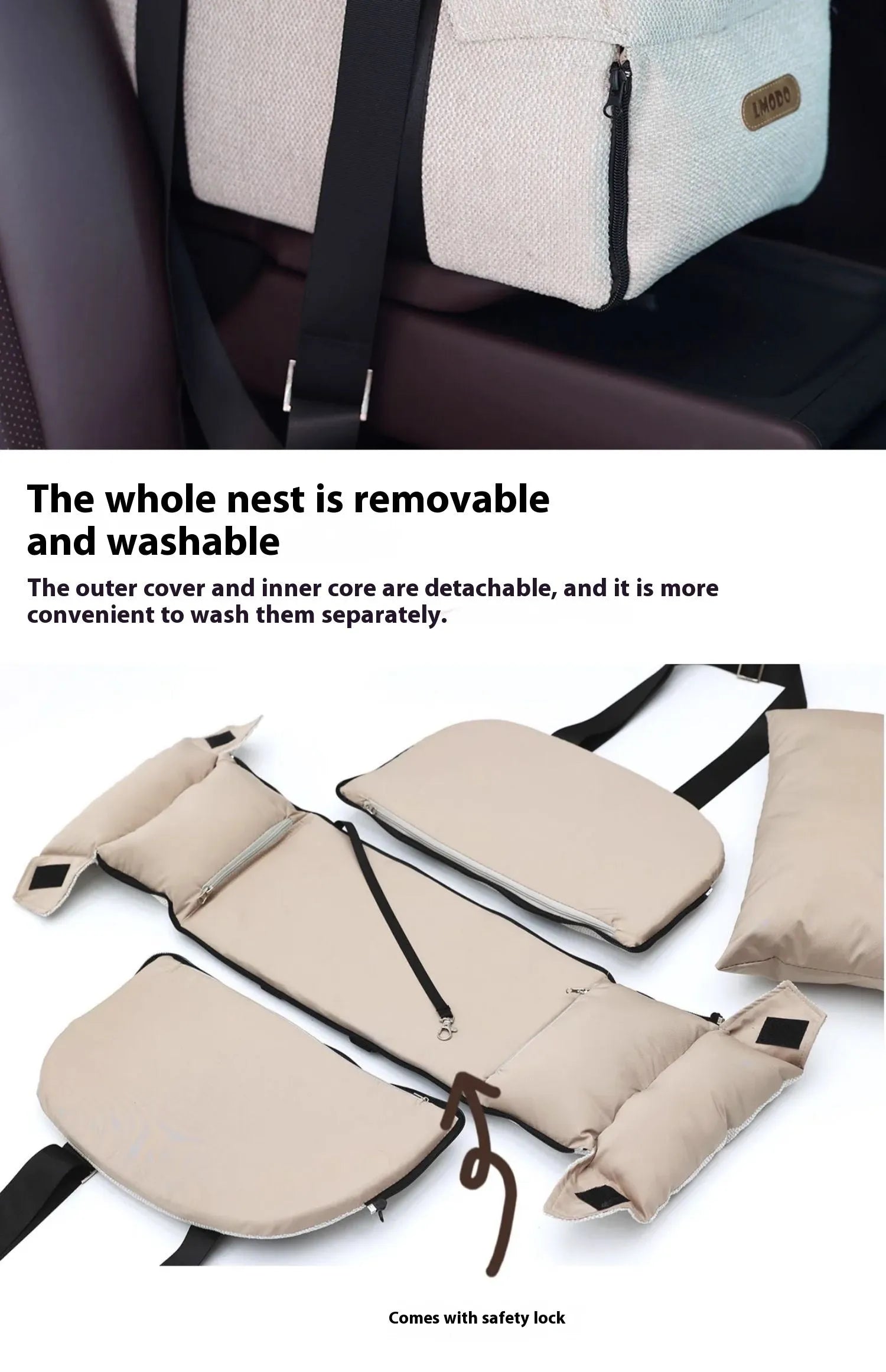 Beige white polyester pet car nest and diaper bag carrier measuring 23x20x40cm