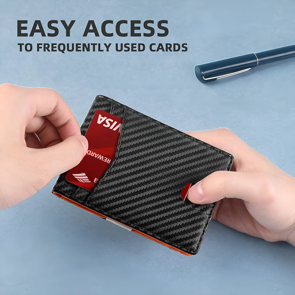 PU leather wallet card holder with multiple slots and anti-theft design in carbon fibre black colour