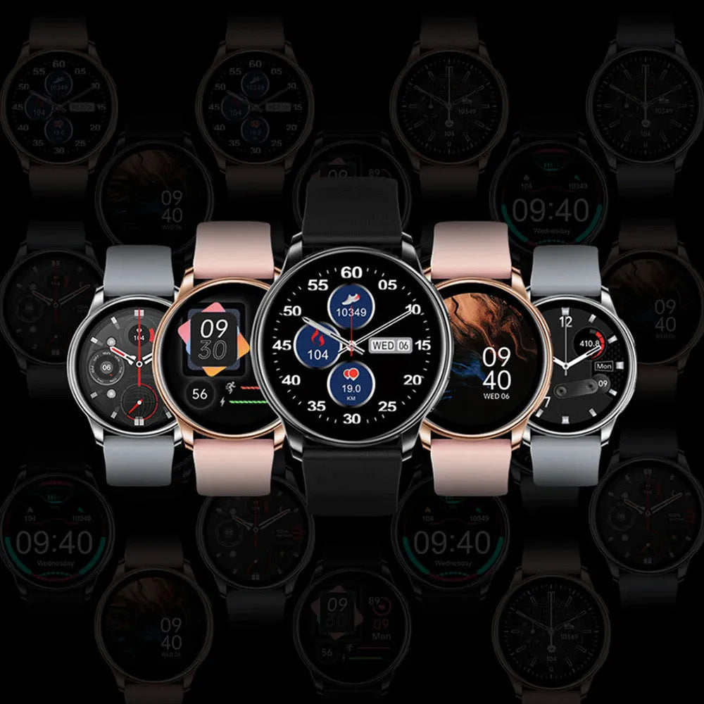 Smart couple watch with round screen, silicone strap, aluminium alloy case, available in Black, Grey and Pink