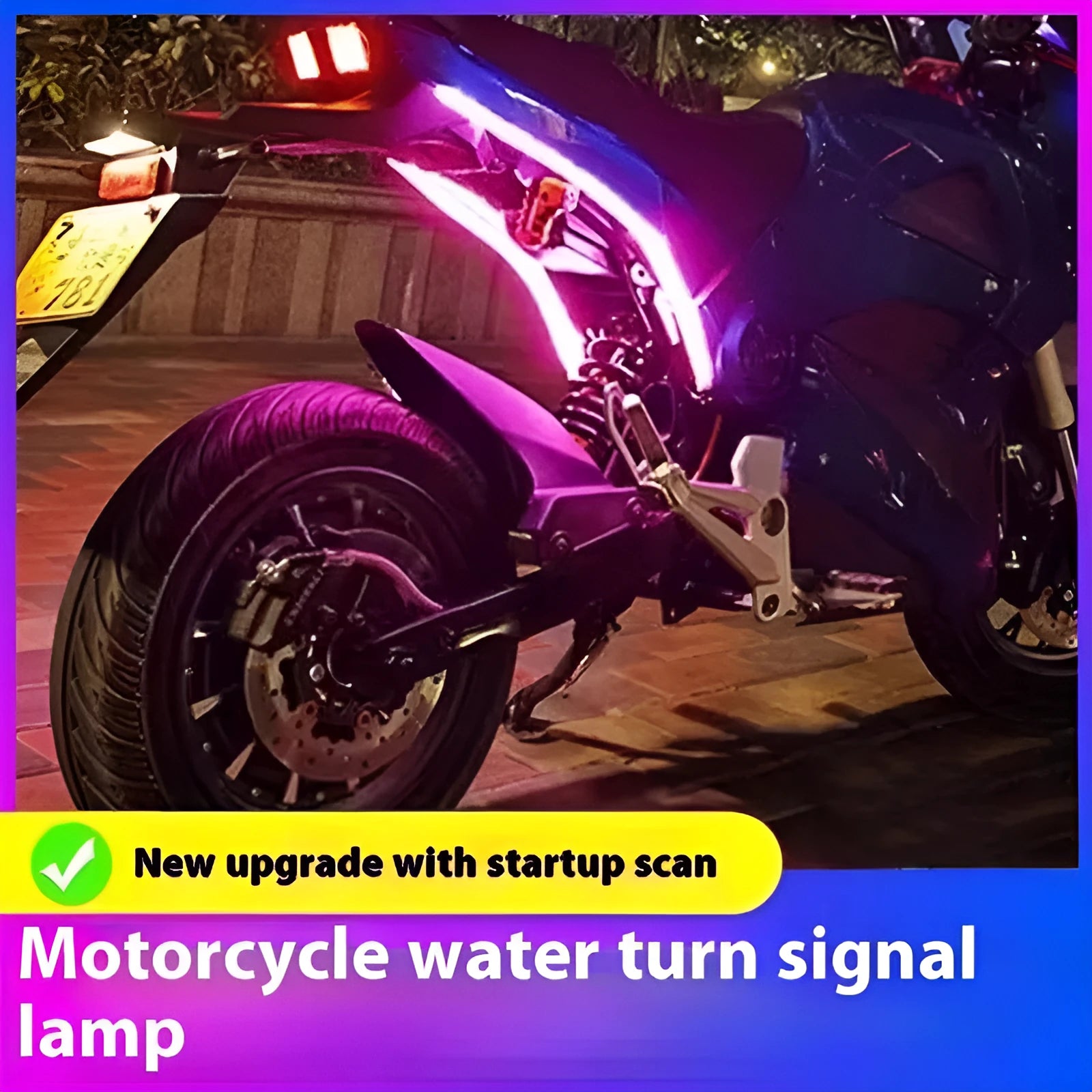 Motorcycle steering column with installed PVC LED strip creating a running water ambience light effect in blue to yellow colours.