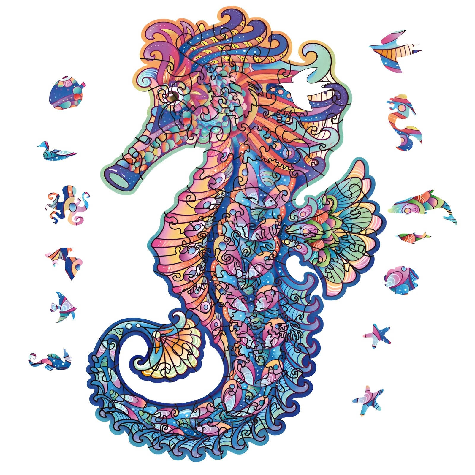 Irregular three-dimensional seahorse shaped animal wooden puzzle in A5 size on a wooden surface