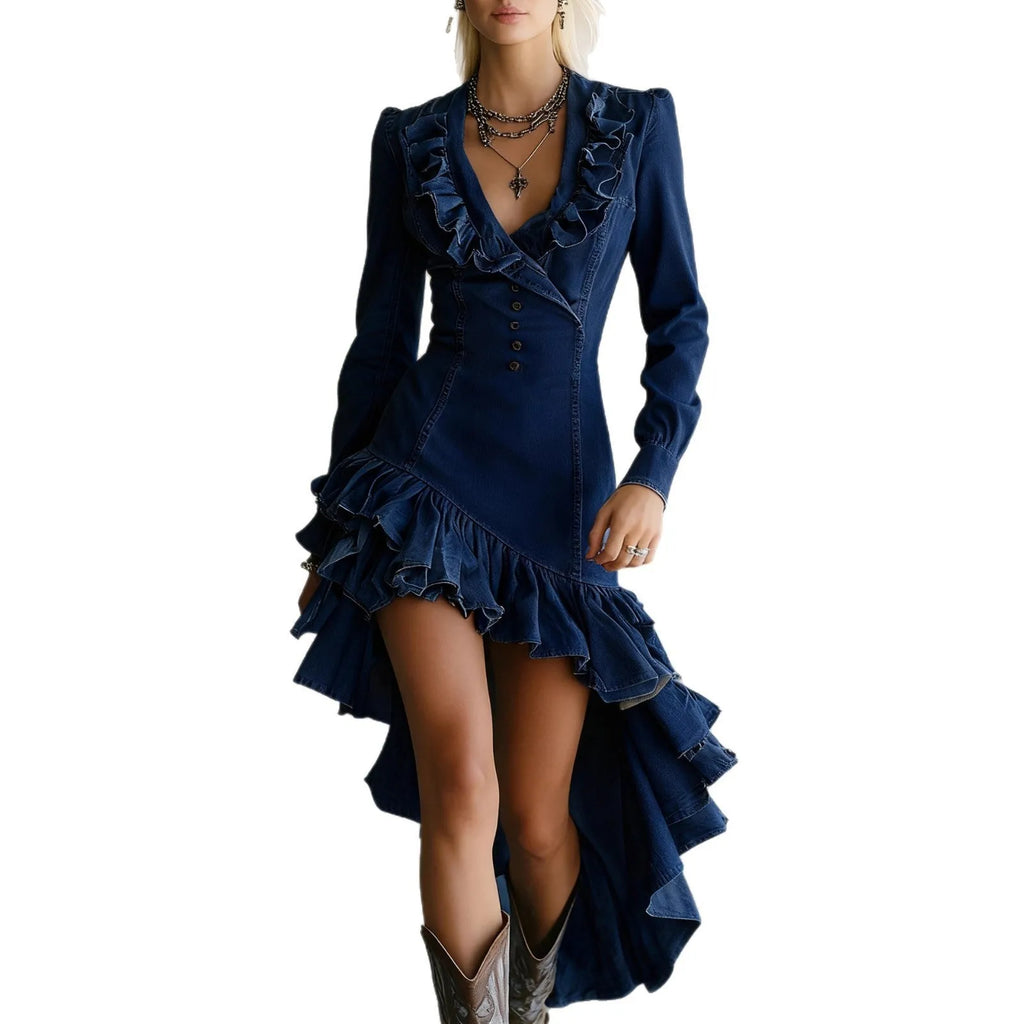 Ruffled no-wash denim fabric dress in high-waist style with long sleeves, available in eight colours