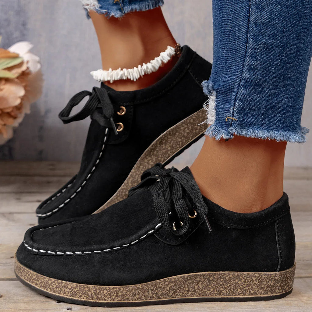 Black unisex lace-up flat shoes with round toe, PU upper, sizes 36-43