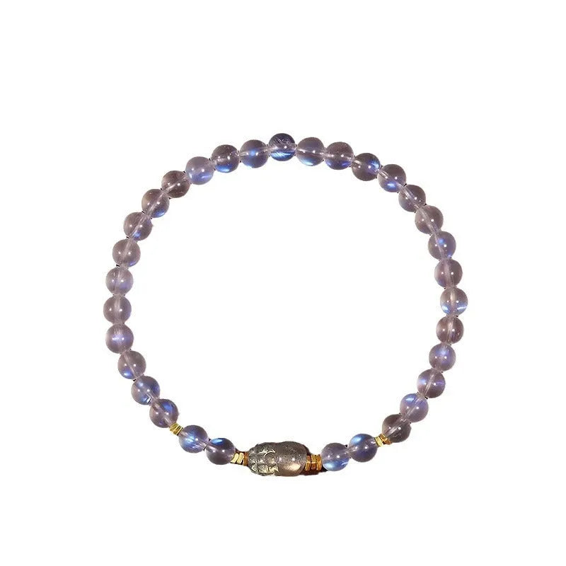 Moonstone women's bracelet with hand-ground beads and animal zodiac charms in fashion blue light colour