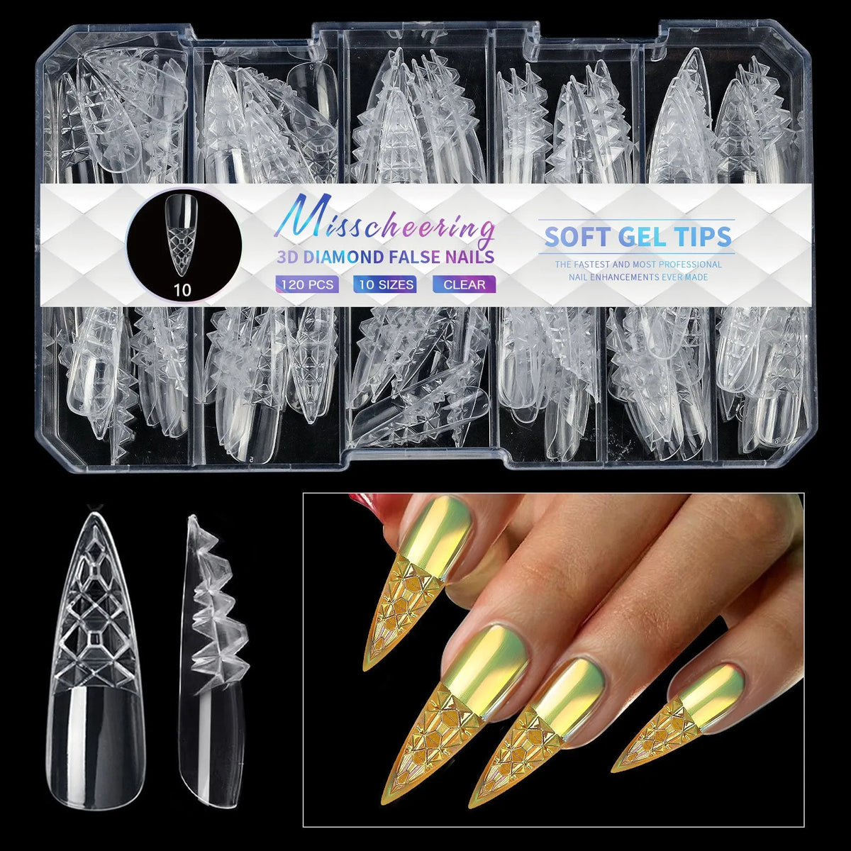 Set of 3D diamond texture long artificial nail tips in various colours from Diamond Nail collections.