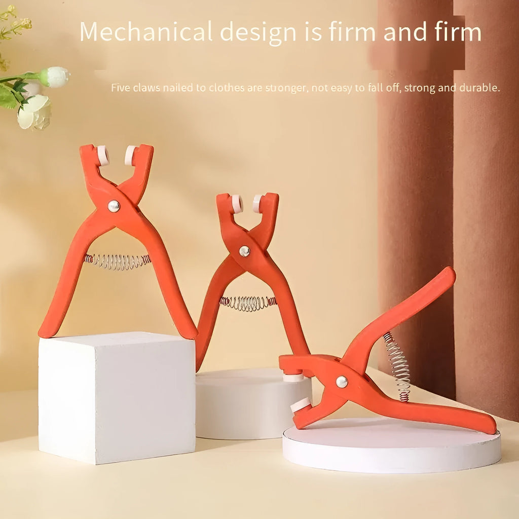 Stainless steel five claw no sew buttons and application pliers for clothing repair on baby and children's garments.