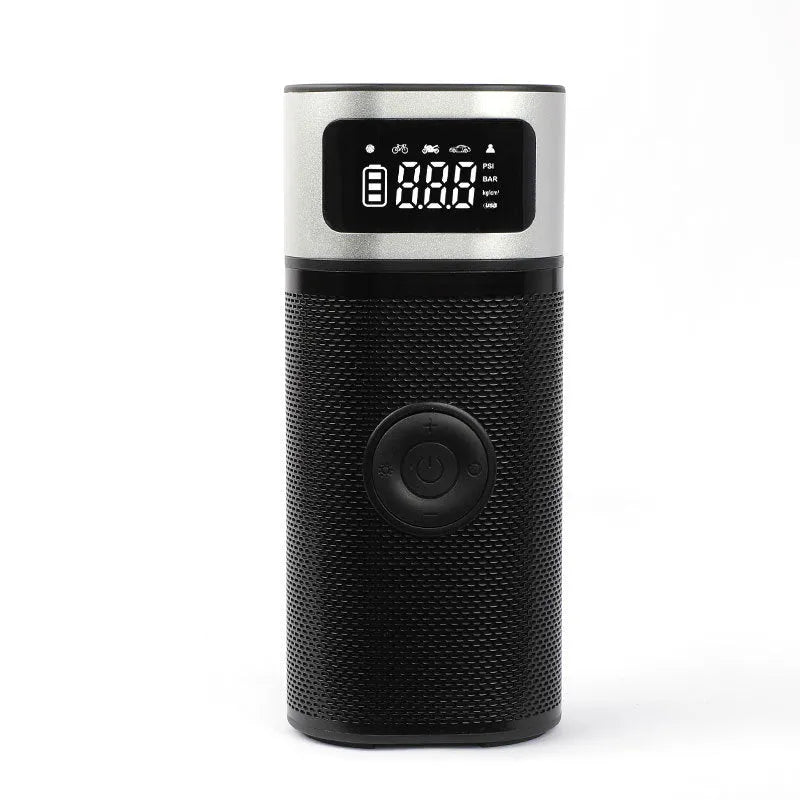 Black portable wireless smart vehicle air pump with USB cable and multiple inflation nozzles on a grey background.