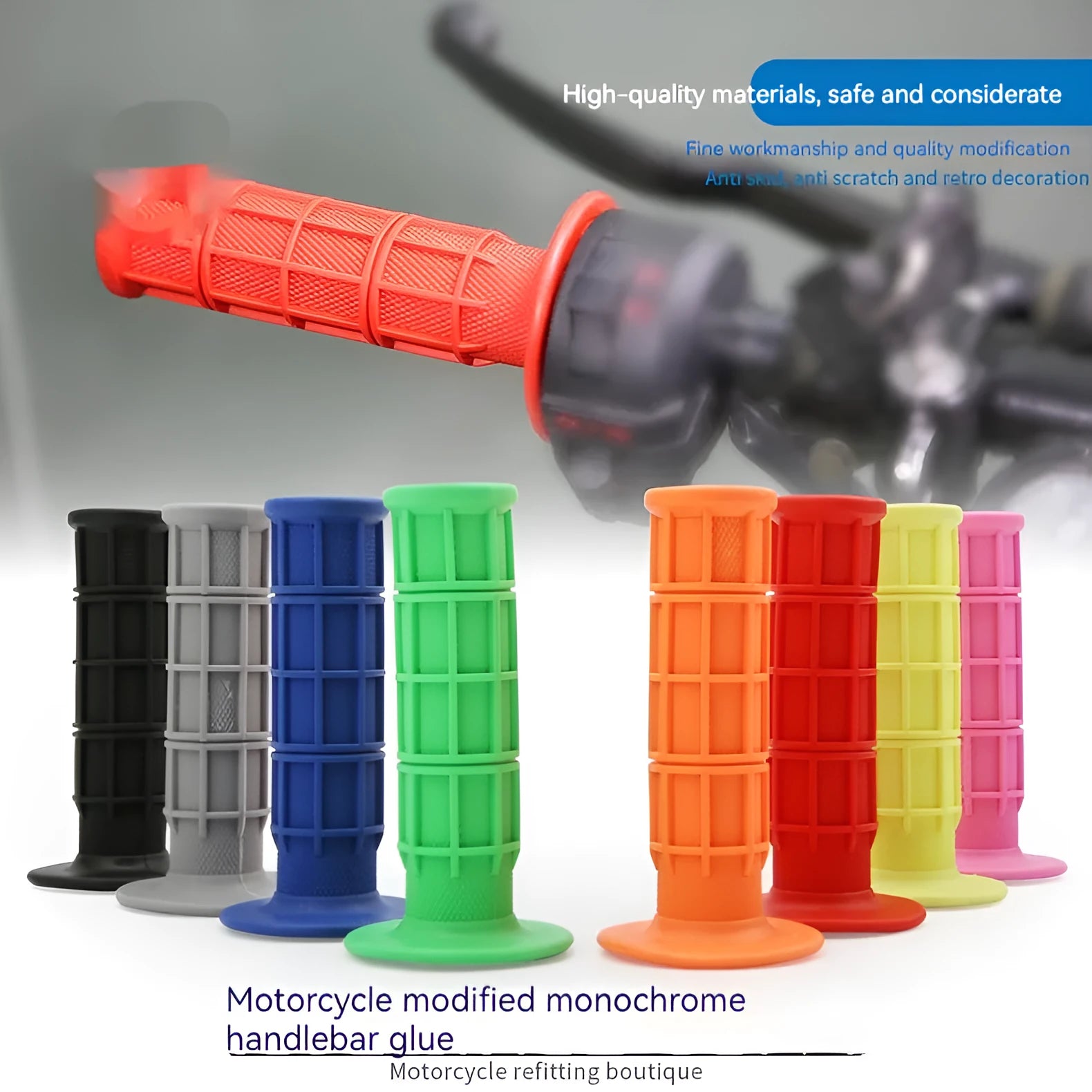 Pair of solid colour rubber motorcycle handlebar grip covers showing 22mm diameter, displayed in available colours.