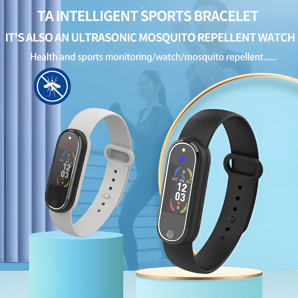 Black and white electronic mosquito repellent bracelet with USB charging port on silicone wristband