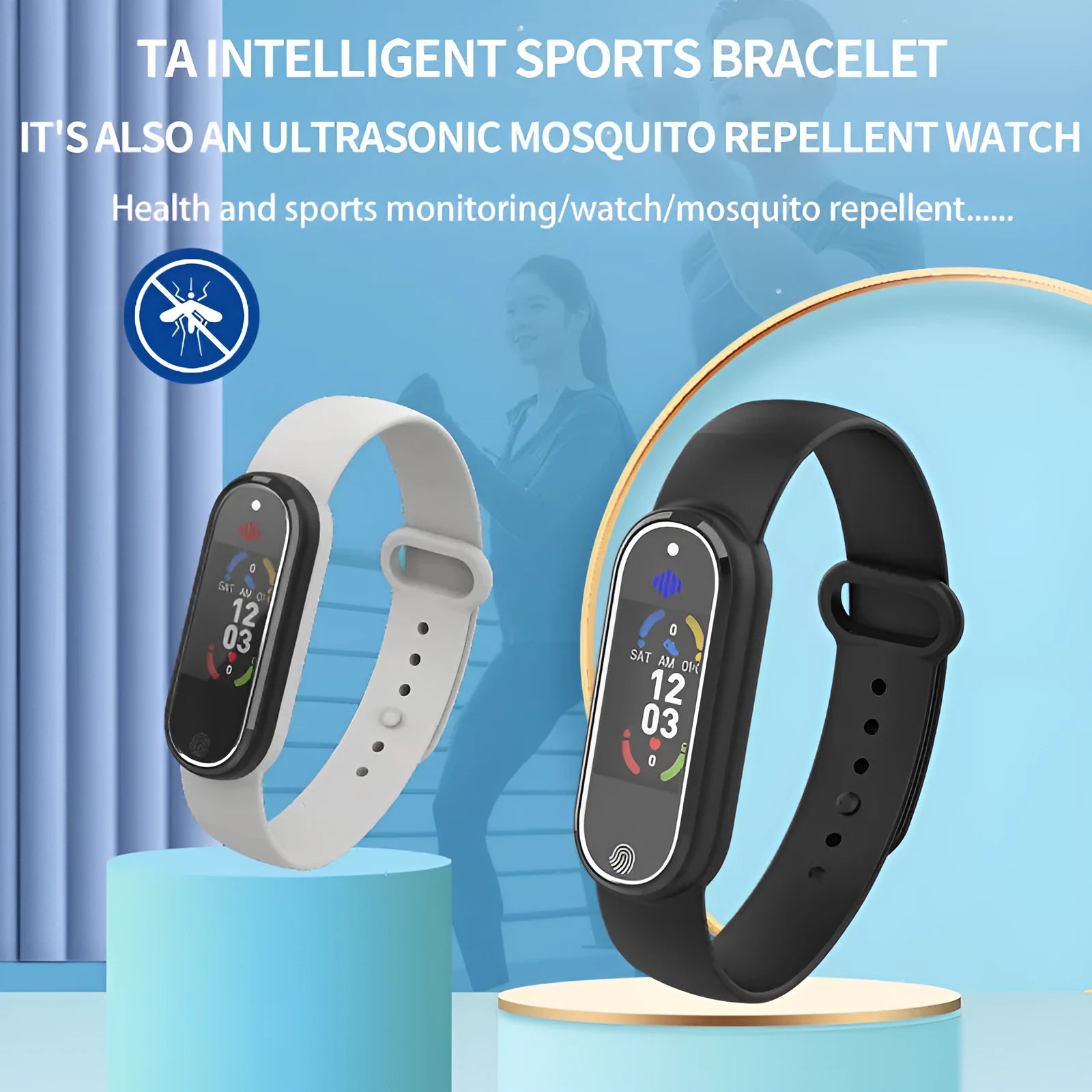 Black and white electronic mosquito repellent bracelet with USB charging port on silicone wristband