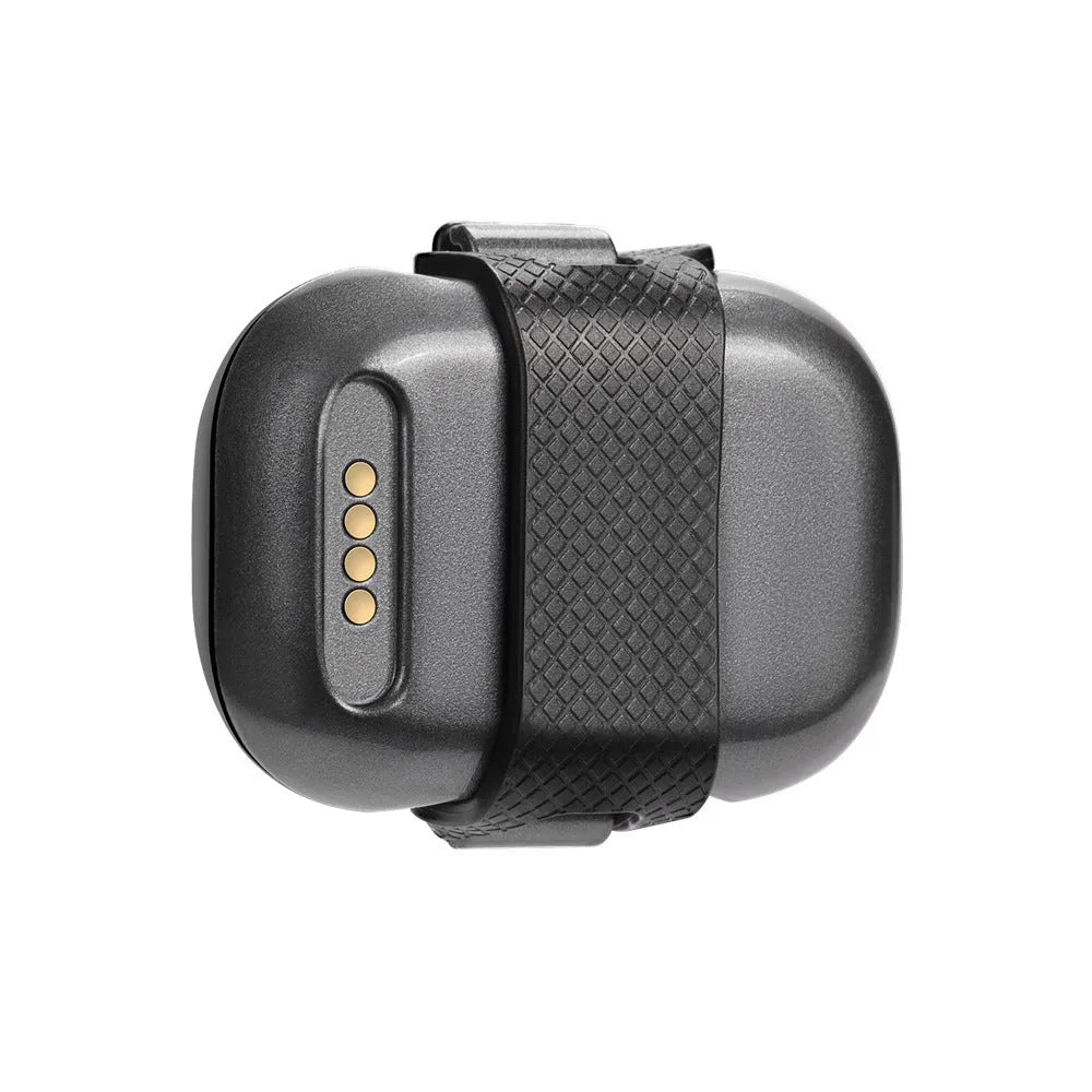 Black pet GPS tracker with hanging rope for dog or cat collar attachment