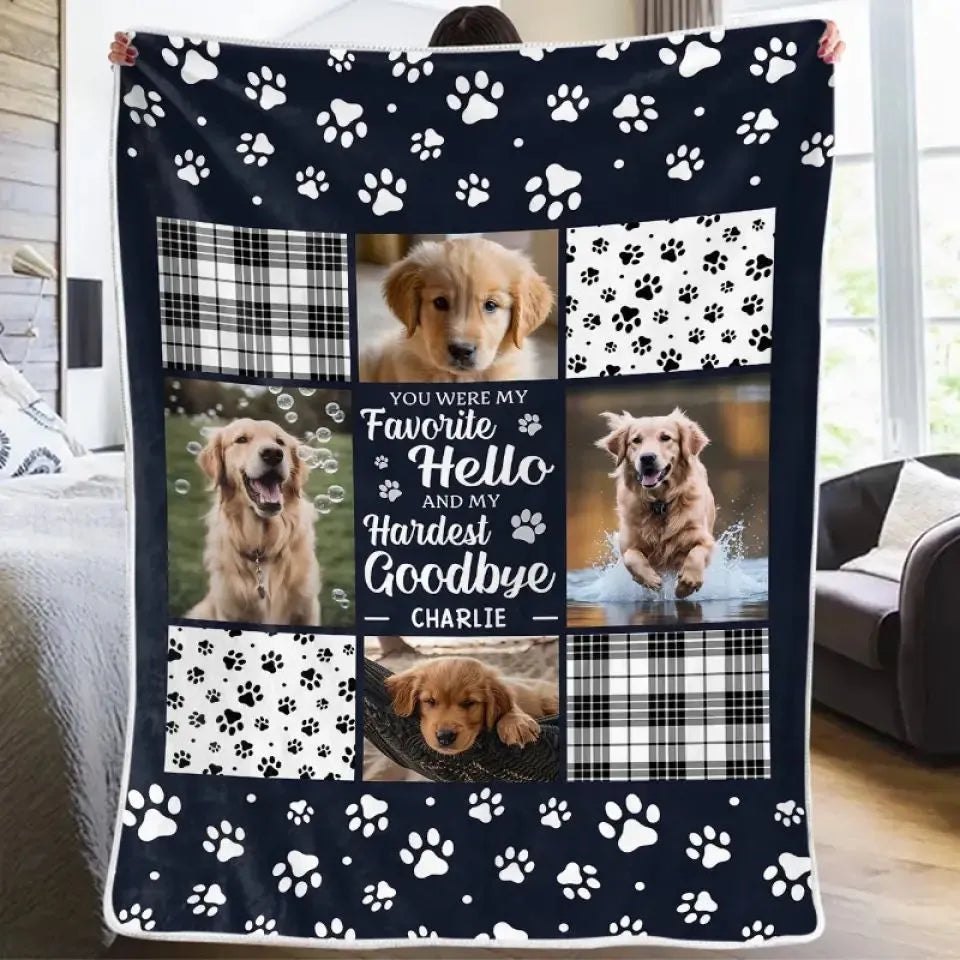 White flannel dog blanket with creative design shown in three size options