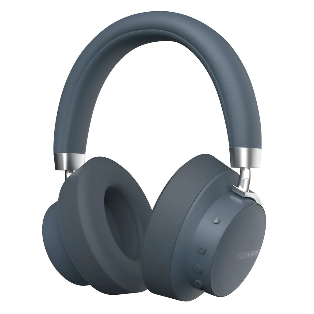 Grey wireless Bluetooth sports headset with head-mounted design showing ear cushions and adjustable headband