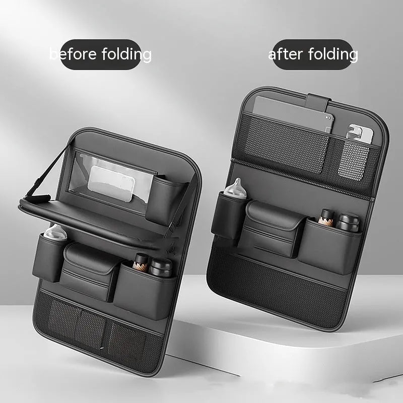 Leather car seat storage bag with foldable dining table in multiple colour options