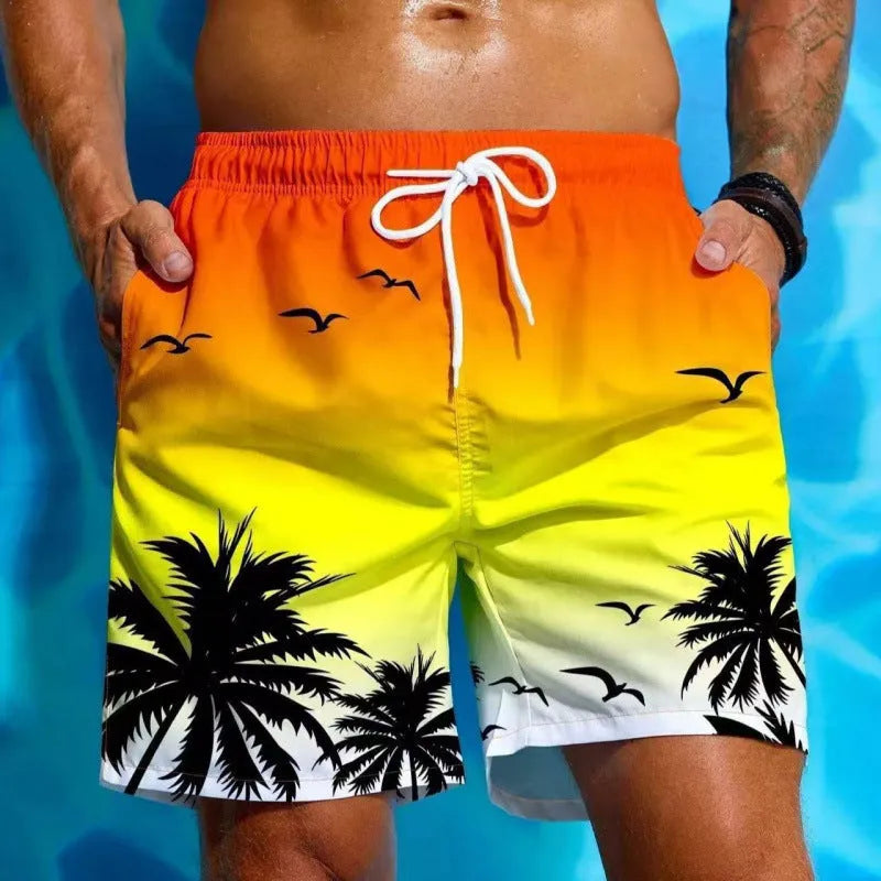Men's loose fit polyester swimming trunks on a size chart showing S to 5XL.