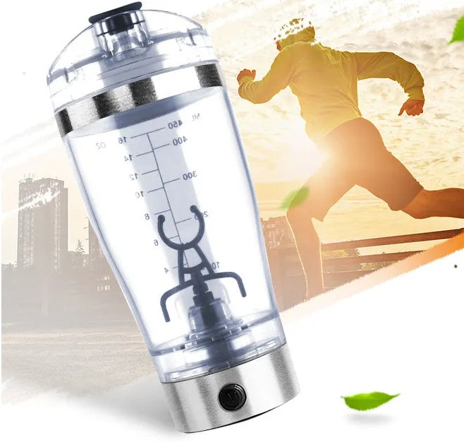 Stainless steel colour USB rechargeable electric blender bottle with motorised lid and 600ml capacity.