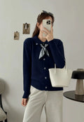Lapel scarf sweater cardigan with long sleeves and splicing design in milky white colour