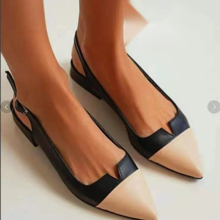 Women's pointed toe low heel pumps with colour matching, chunky heel under 3cm, PU upper, sizes 34-43
