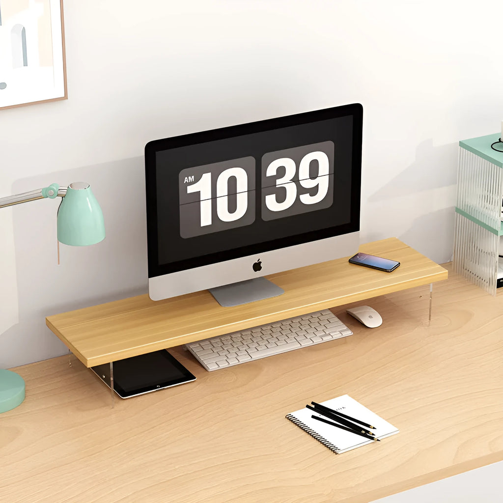 Wooden computer riser stand with acrylic upgrade legs, available in 40cm to 120cm lengths and black, white, wood, walnut or teak colours.