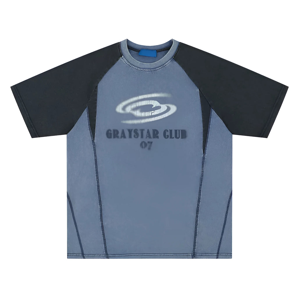 Blue hip hop letter print men's cotton t-shirt with raglan sleeves on hanger