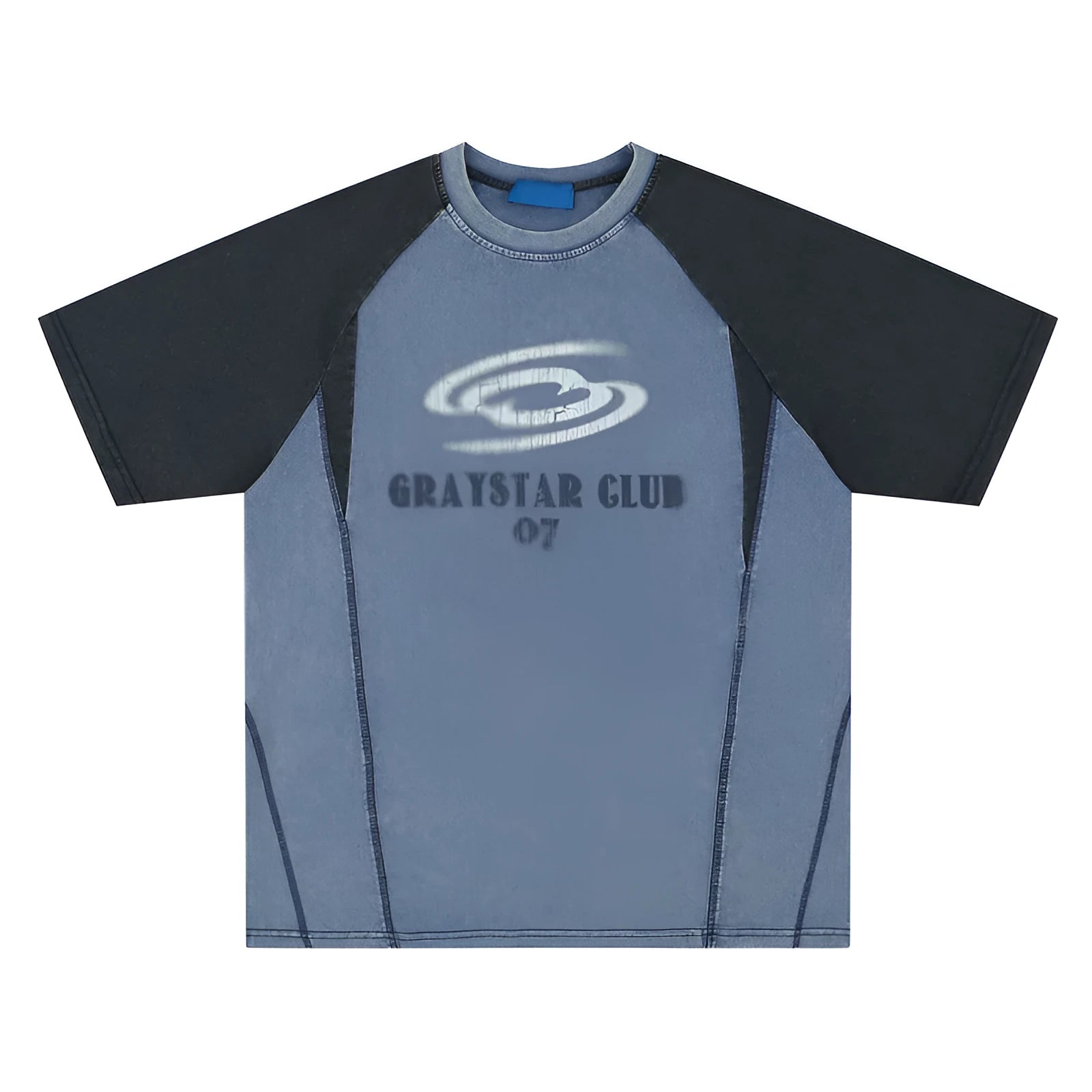 Blue hip hop letter print men's cotton t-shirt with raglan sleeves on hanger