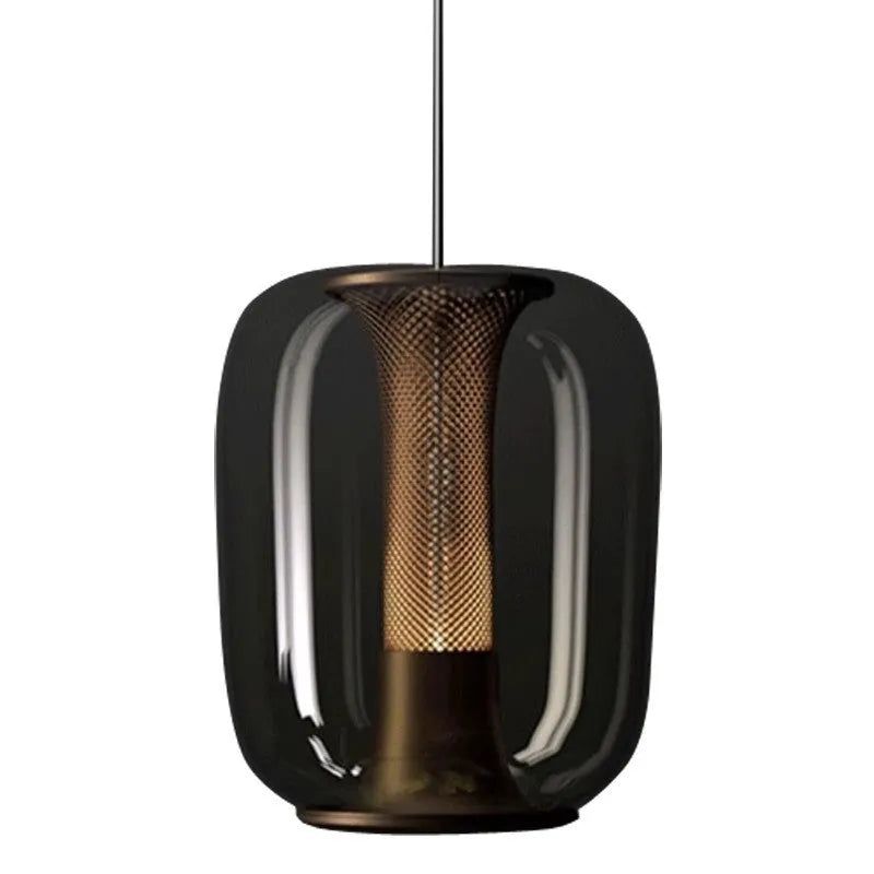 Nordic minimalist chandelier with 16cm diameter shown in transparent, cognac, and smoky grey colour options