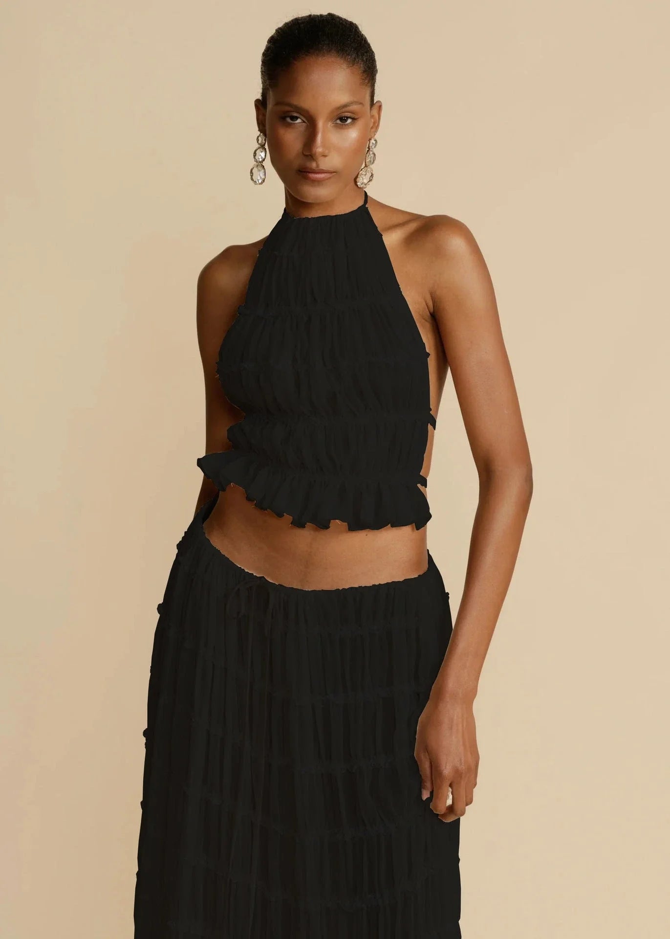 Sleeveless backless cropped halter top and pleated maxi dress set in various colors