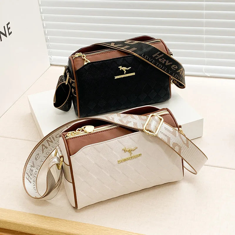 Soft PU leather messenger bag with sewing thread detail, 23x14x11cm, available in black and white