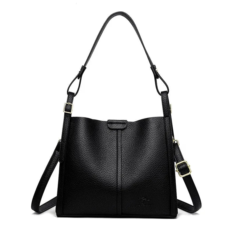 Brown PU women's shoulder bag with single strap and multiple interior compartments